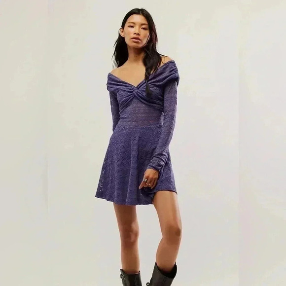 NEW Free People Lila Mini Dress Purple Lace Sz M - Picture 1 of 3